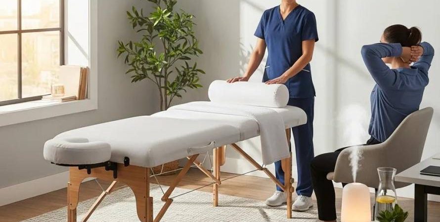 Massagem a domicílio – massoterapeuta com maca portátil pronta para atendimento em residência